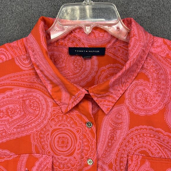Tommy Hilfiger Blouse Womens 2X Plus Orange Paisley Button Front Long Sleeve - Picture 3 of 16